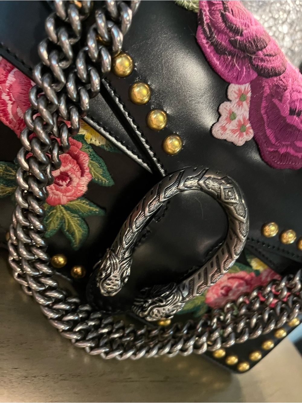Black Embroidered Gucci Floral Chain Shoulder Bag - Picture 5 of 9